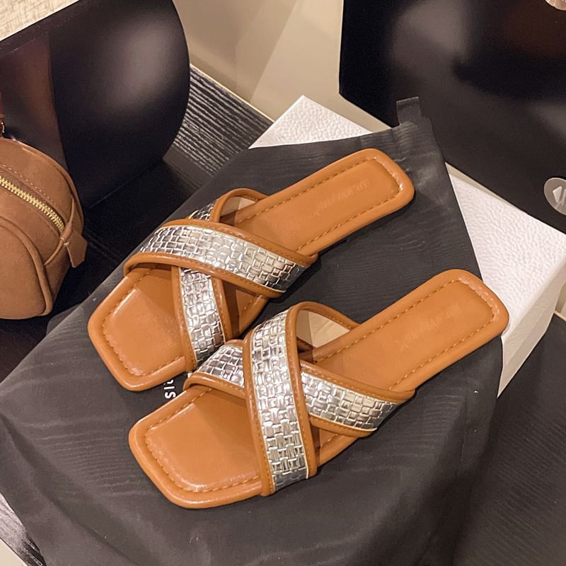 Strap Slide Cross Square-Toe Sandals