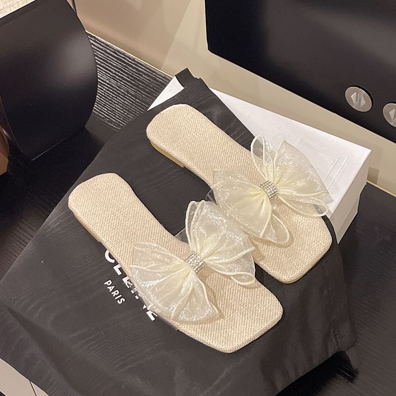 Slide Mesh Square-Toe Floral Sandals