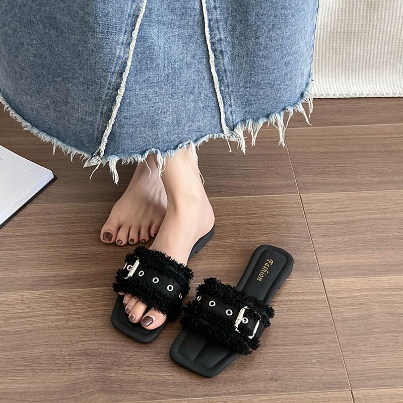 Buckled Slide Sandals Tasseled Square-Toe