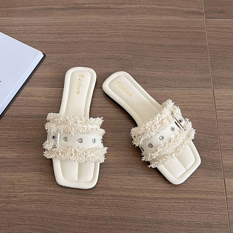 Buckled Slide Sandals Tasseled Square-Toe