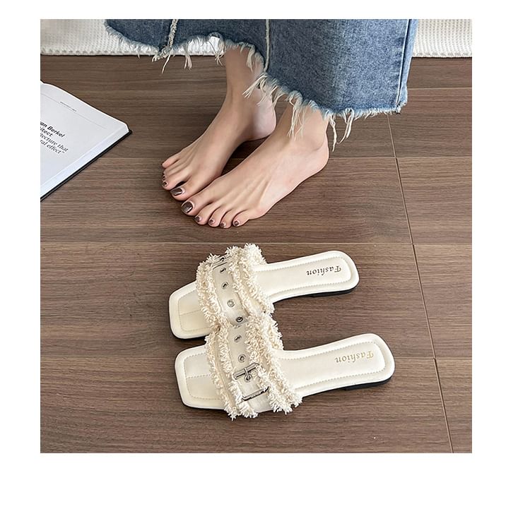 Buckled Slide Sandals Tasseled Square-Toe