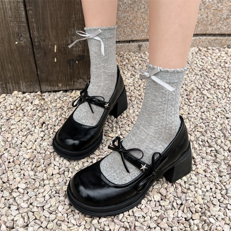 Bow Mary Jane Shoes Chunky Heel