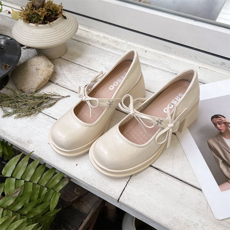 Bow Mary Jane Shoes Chunky Heel
