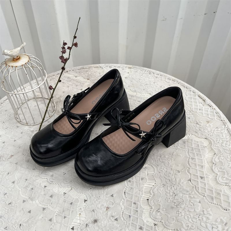 Bow Mary Jane Shoes Chunky Heel