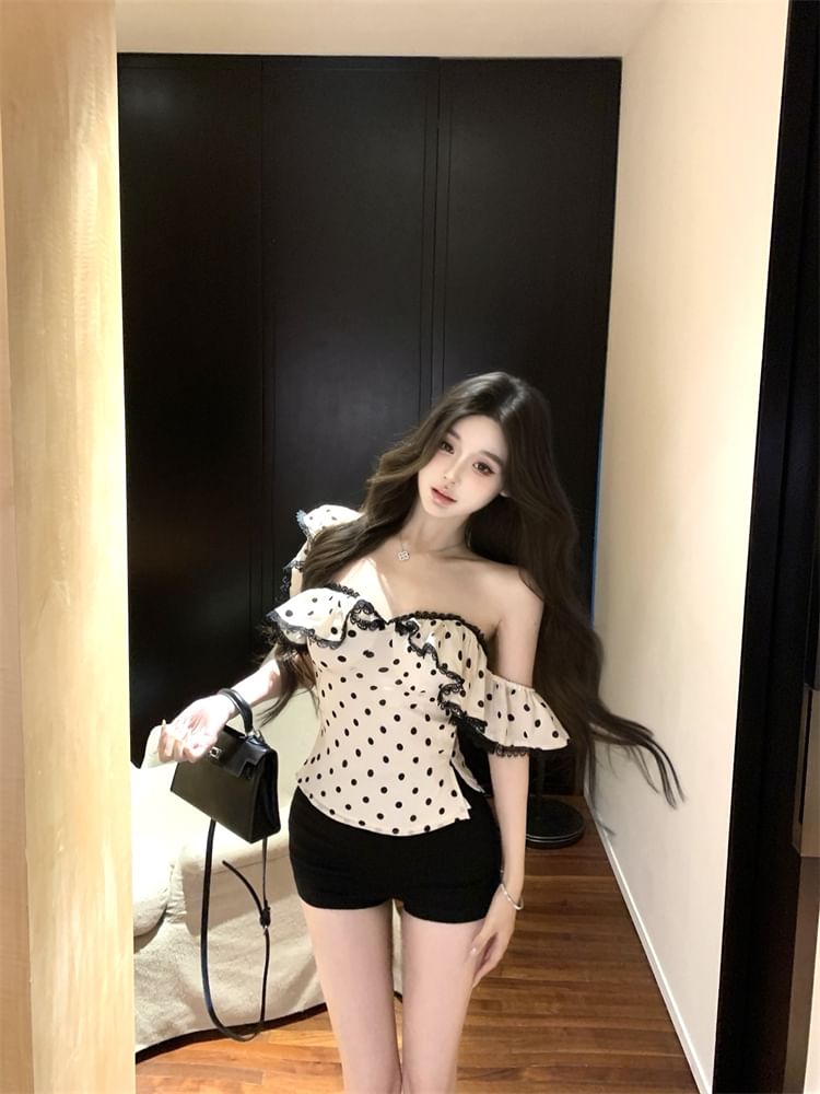 Dress Fit Top Tank Sheath Slim Ruffle Lace Cap-Sleeve / Dotted Maxi Trim