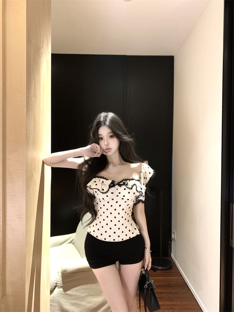 Dress Fit Top Tank Sheath Slim Ruffle Lace Cap-Sleeve / Dotted Maxi Trim