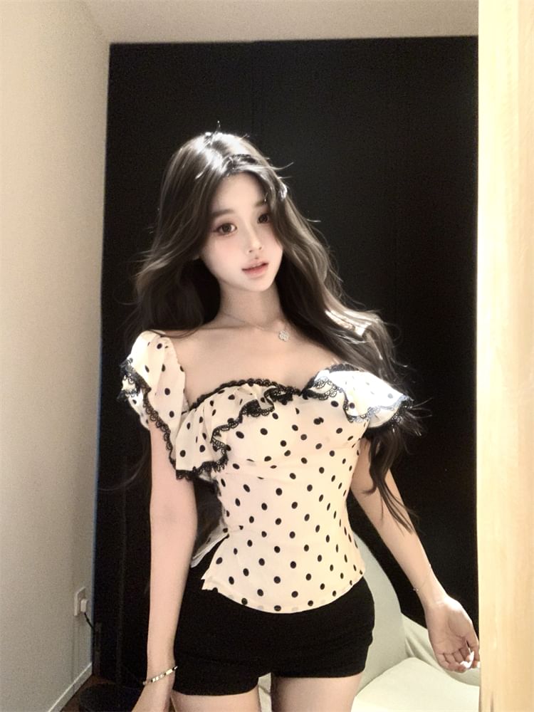 Dress Fit Top Tank Sheath Slim Ruffle Lace Cap-Sleeve / Dotted Maxi Trim