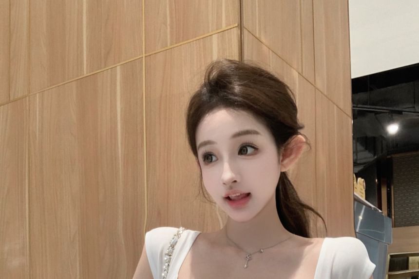 Crop Plain Waist Drawstring Loose Off-Shoulder Pants Tee / Striped Fit Short-Sleeve Trim