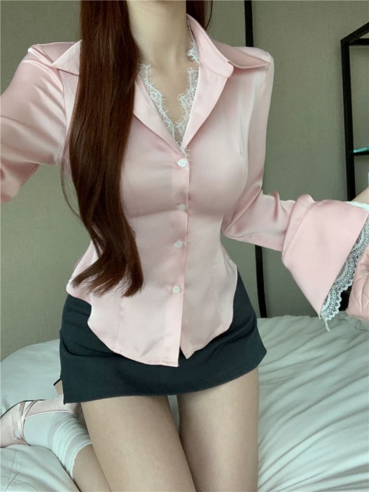 Collared / Button-Up High Mini Long-Sleeve Plain Blouse Rise Lace Trim Pencil Skirt
