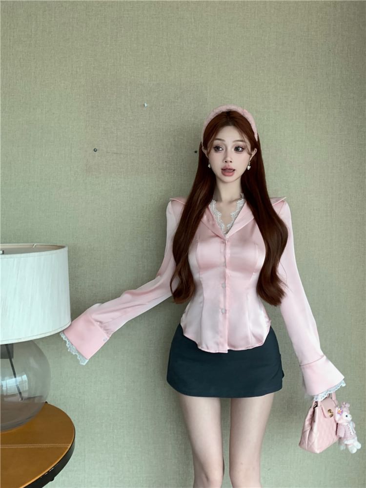 Collared / Button-Up High Mini Long-Sleeve Plain Blouse Rise Lace Trim Pencil Skirt