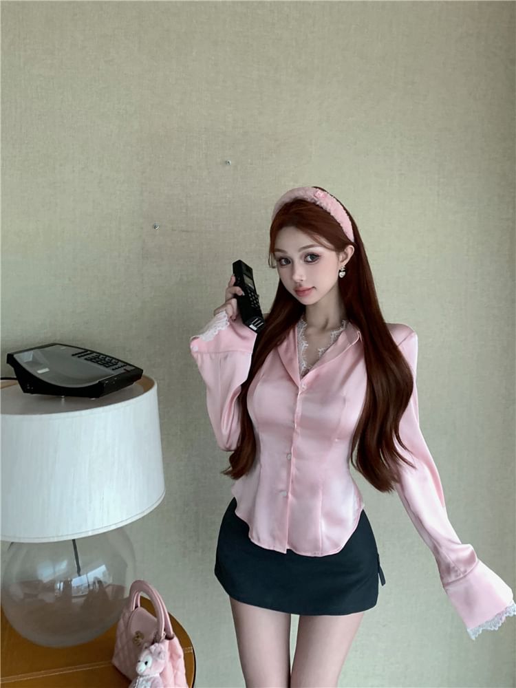 Collared / Button-Up High Mini Long-Sleeve Plain Blouse Rise Lace Trim Pencil Skirt
