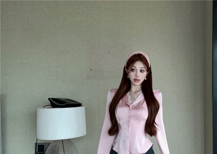 Collared / Button-Up High Mini Long-Sleeve Plain Blouse Rise Lace Trim Pencil Skirt