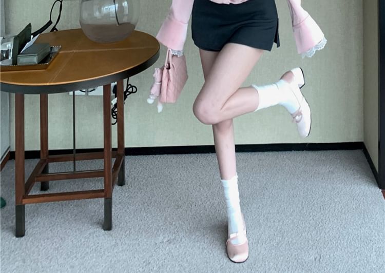 Collared / Button-Up High Mini Long-Sleeve Plain Blouse Rise Lace Trim Pencil Skirt