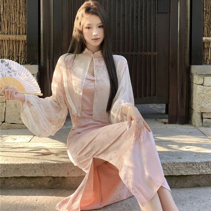 Closure Jacquard Slit Collar Mandarin / Frog Light V-Neck Floral Strap Sheath Dress Print Jacket Maxi Spaghetti