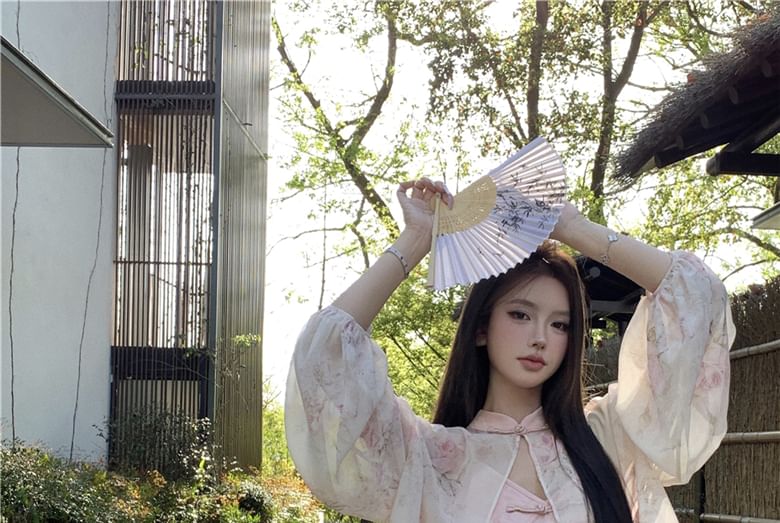 Closure Jacquard Slit Collar Mandarin / Frog Light V-Neck Floral Strap Sheath Dress Print Jacket Maxi Spaghetti