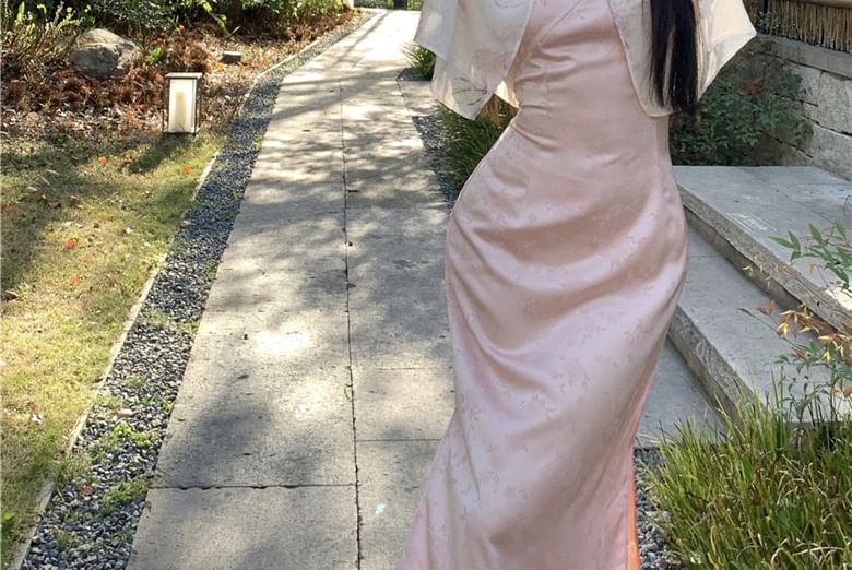 Closure Jacquard Slit Collar Mandarin / Frog Light V-Neck Floral Strap Sheath Dress Print Jacket Maxi Spaghetti