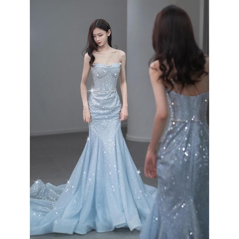 Spaghetti Strap Sequin Trained Open Back Mermaid Evening Gown