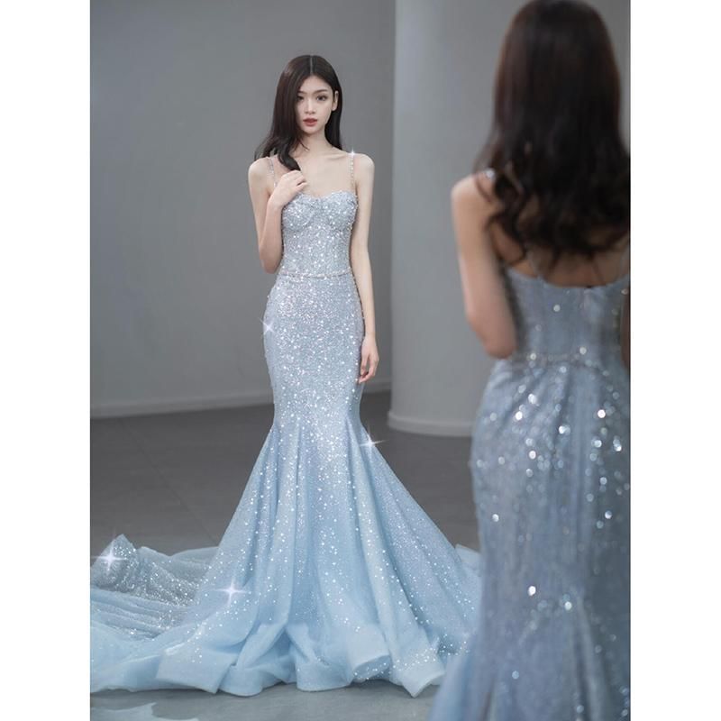 Spaghetti Strap Sequin Trained Open Back Mermaid Evening Gown