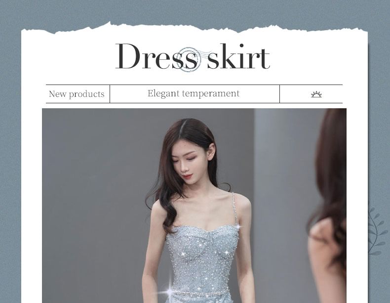 Spaghetti Strap Sequin Trained Open Back Mermaid Evening Gown