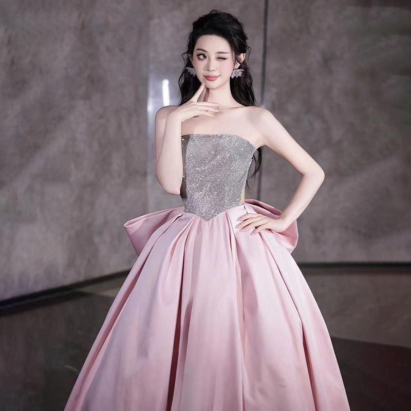 Strapless Sequin Panel Bow Back Ball Gown