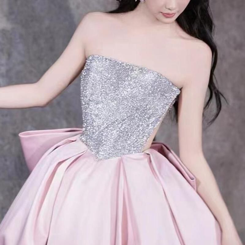 Strapless Sequin Panel Bow Back Ball Gown