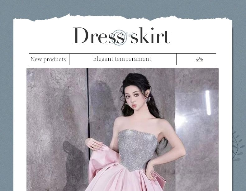 Strapless Sequin Panel Bow Back Ball Gown