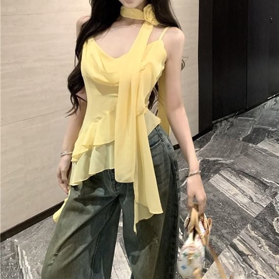 + Crop Top Hem V-Neck Plain Asymmetrical Camisole Set: Scarf Ruffle