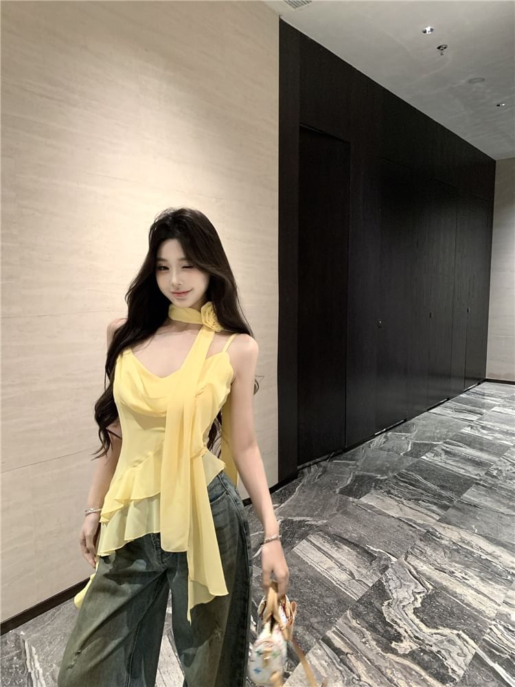 + Crop Top Hem V-Neck Plain Asymmetrical Camisole Set: Scarf Ruffle