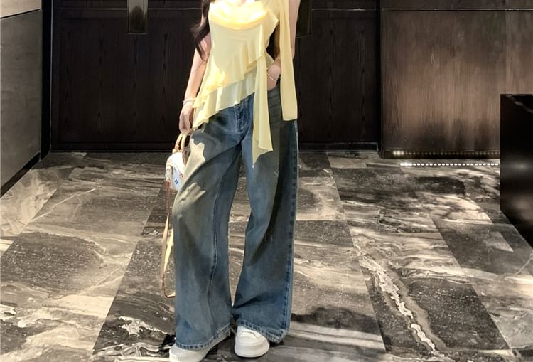 + Crop Top Hem V-Neck Plain Asymmetrical Camisole Set: Scarf Ruffle