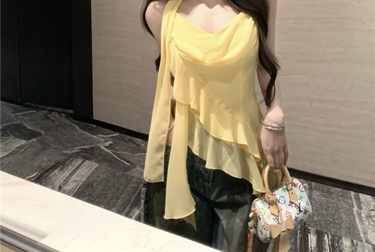 + Crop Top Hem V-Neck Plain Asymmetrical Camisole Set: Scarf Ruffle