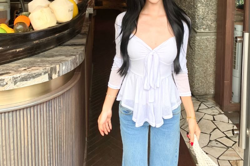 Peplum + Set: Plain Crop Bow V-Neck Cami Accent Top Cardigan