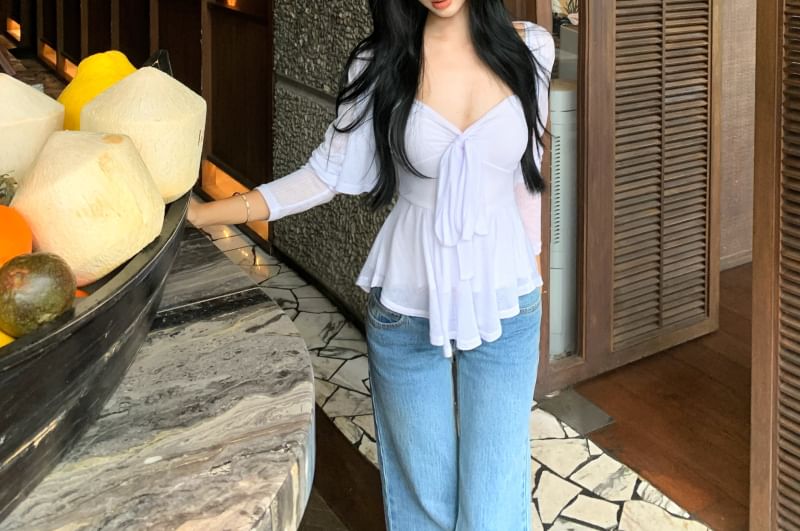 Peplum + Set: Plain Crop Bow V-Neck Cami Accent Top Cardigan