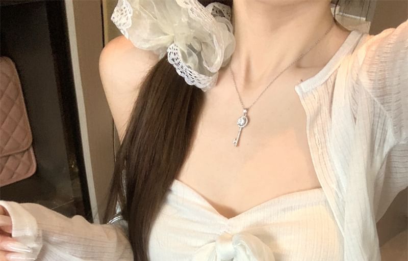 Bow Flowy Accent Tube Crop / Top Neckline Sweetheart Neck Round Cardigan Plain Button-Up