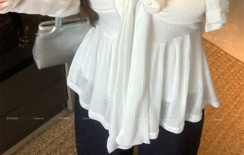 Bow Flowy Accent Tube Crop / Top Neckline Sweetheart Neck Round Cardigan Plain Button-Up