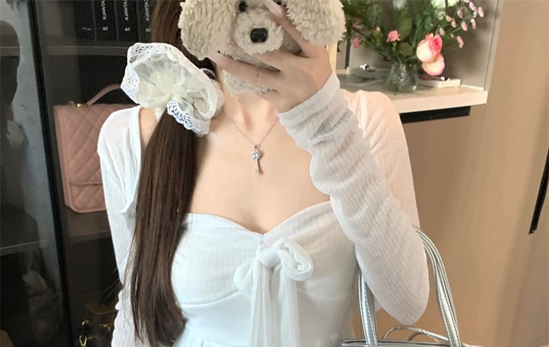 Bow Flowy Accent Tube Crop / Top Neckline Sweetheart Neck Round Cardigan Plain Button-Up