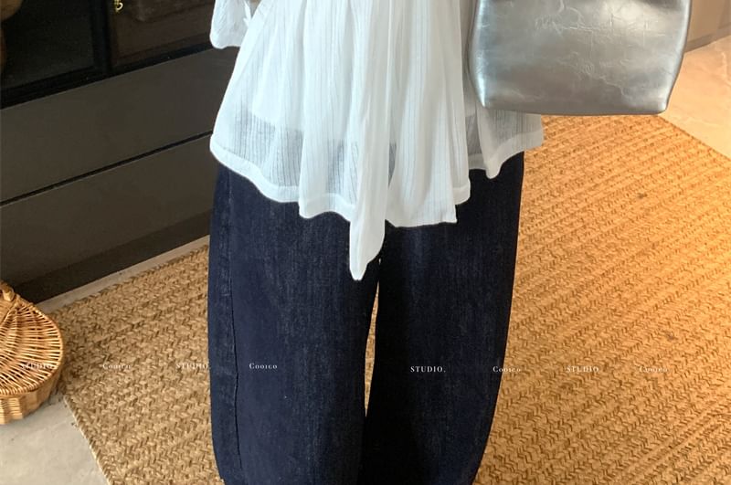 Bow Flowy Accent Tube Crop / Top Neckline Sweetheart Neck Round Cardigan Plain Button-Up