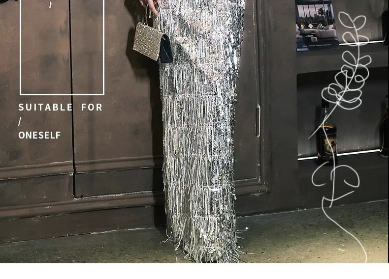 Off-Shoulder Sequined Tasseled Velvet Panel A-Line Evening Gown