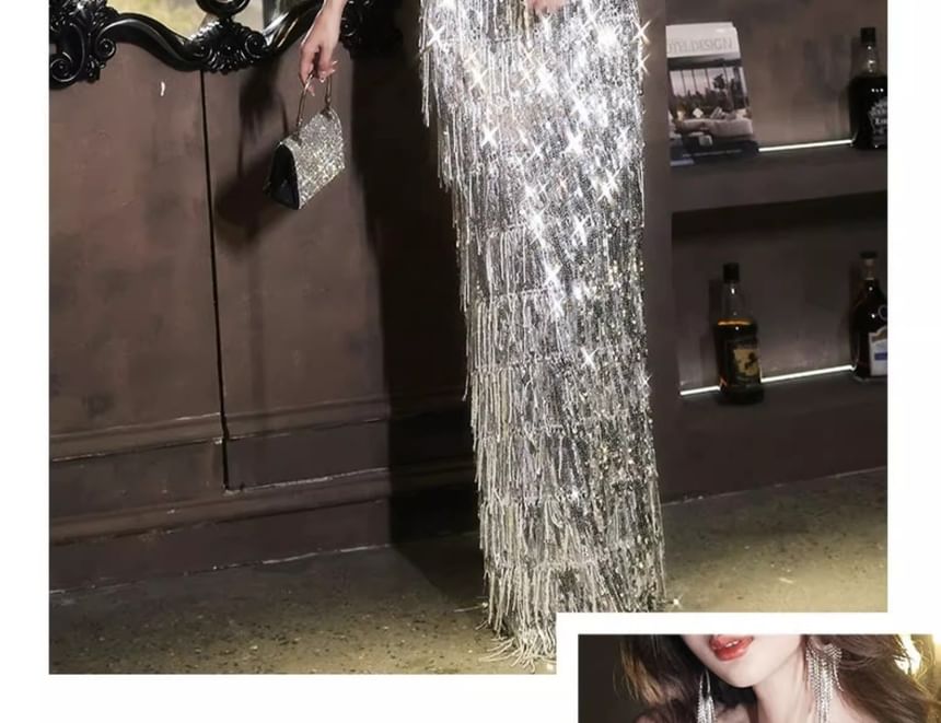 Off-Shoulder Sequined Tasseled Velvet Panel A-Line Evening Gown