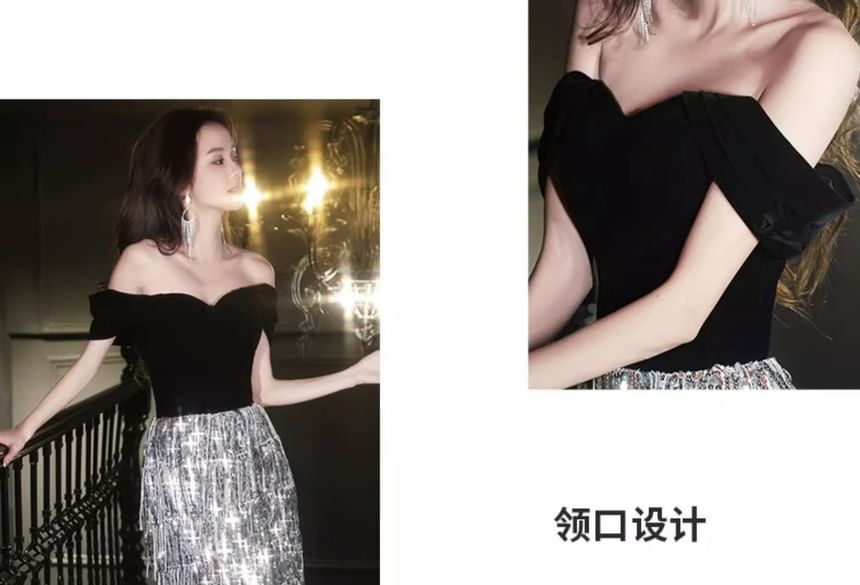 Off-Shoulder Sequined Tasseled Velvet Panel A-Line Evening Gown