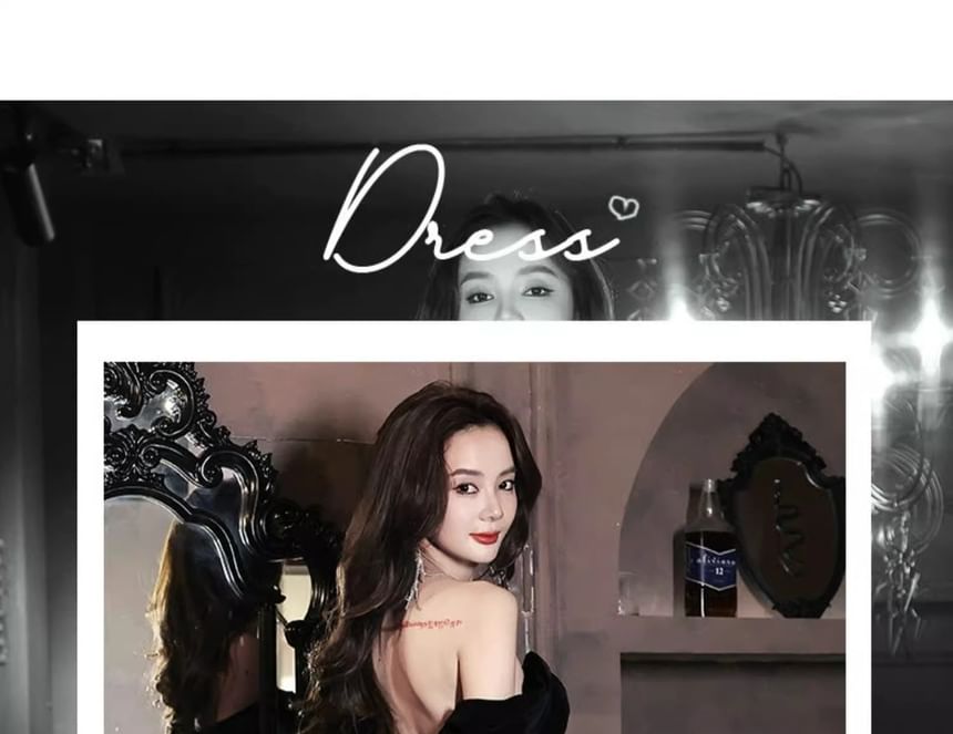 Off-Shoulder Sequined Tasseled Velvet Panel A-Line Evening Gown