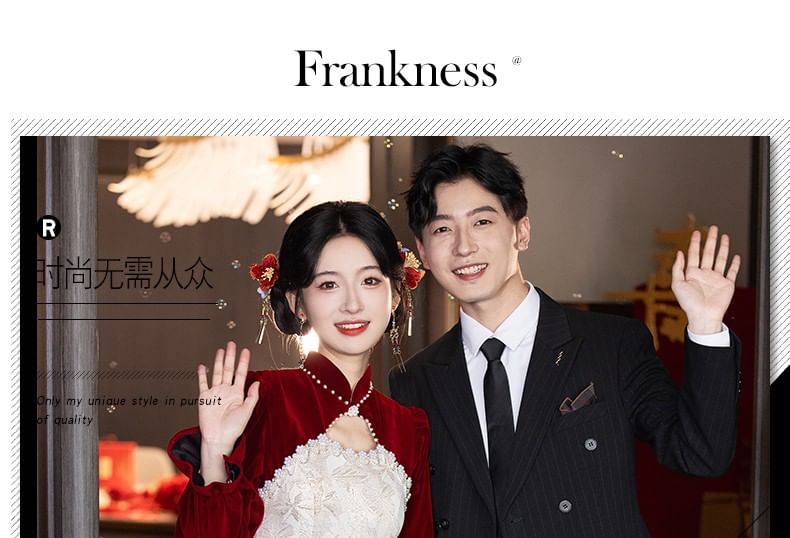 Jacquard Chinese A-Line Puff-Sleeve Floral Faux Wedding Pearl Dress