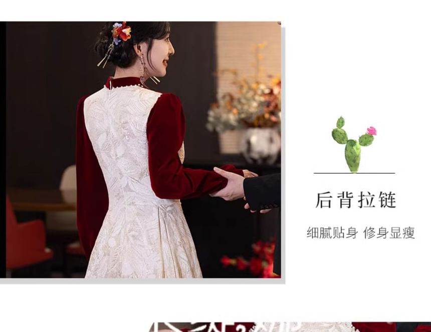 Jacquard Chinese A-Line Puff-Sleeve Floral Faux Wedding Pearl Dress