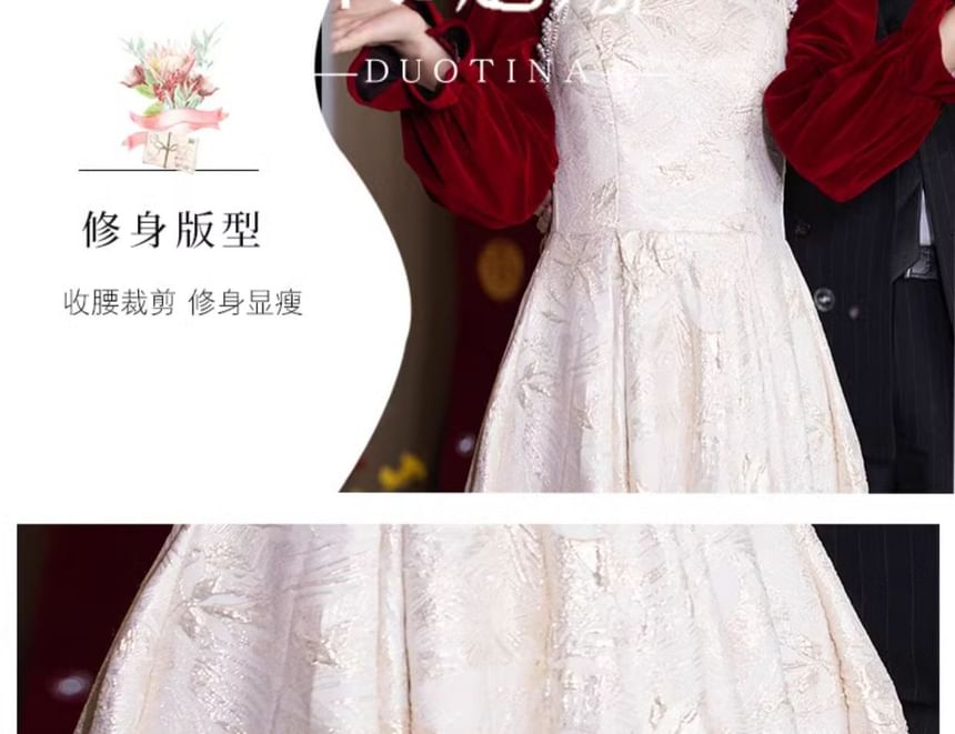 Jacquard Chinese A-Line Puff-Sleeve Floral Faux Wedding Pearl Dress