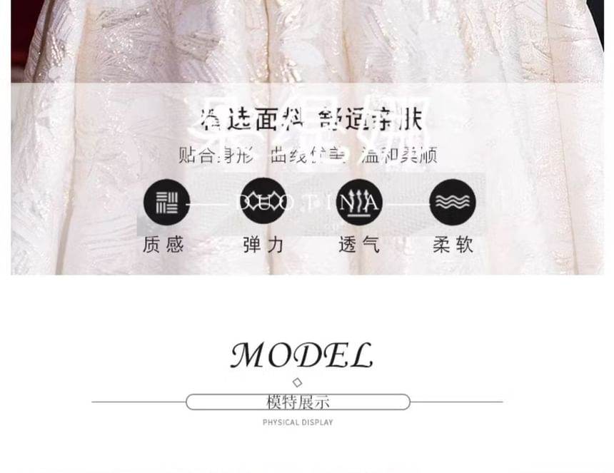Jacquard Chinese A-Line Puff-Sleeve Floral Faux Wedding Pearl Dress
