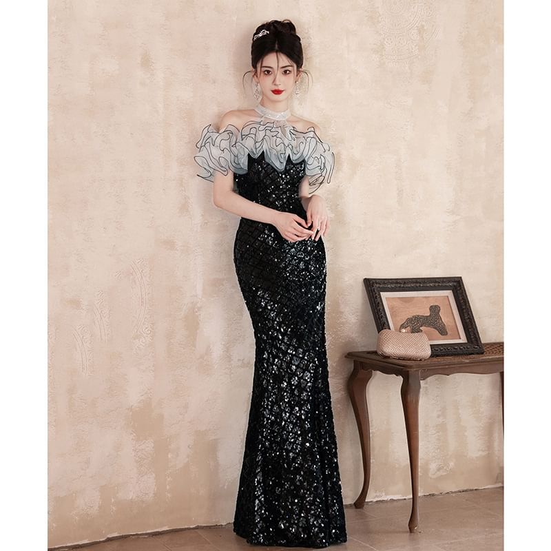 Off-Shoulder Ruffled Sequined Mermaid Evening Gown