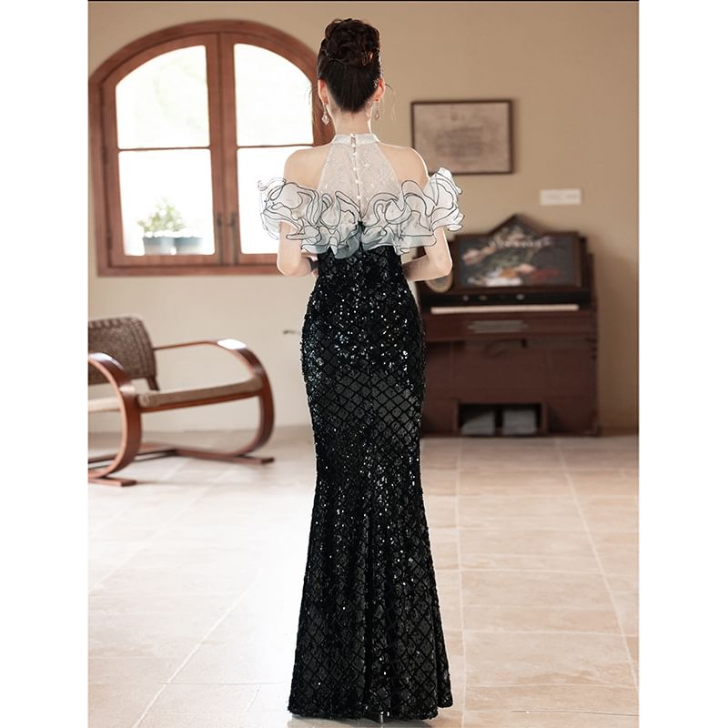 Off-Shoulder Ruffled Sequined Mermaid Evening Gown