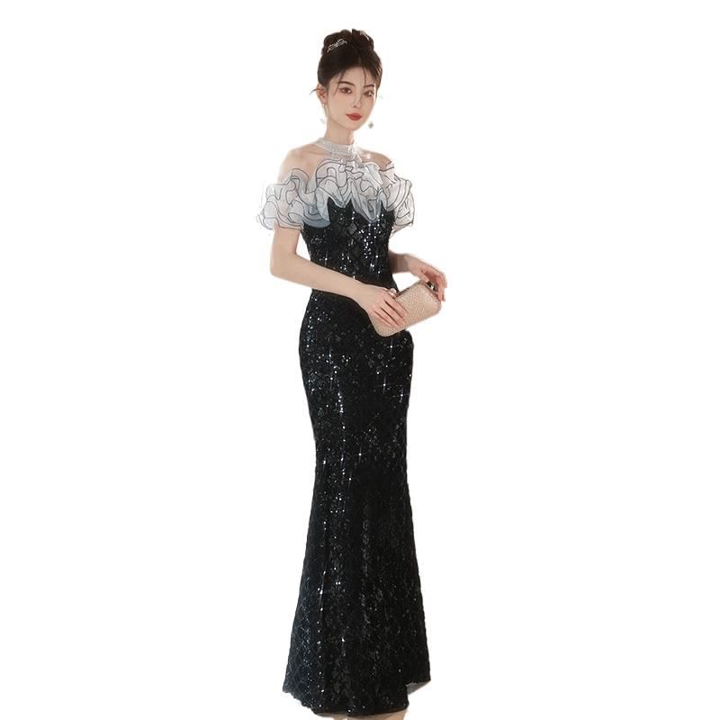 Off-Shoulder Ruffled Sequined Mermaid Evening Gown