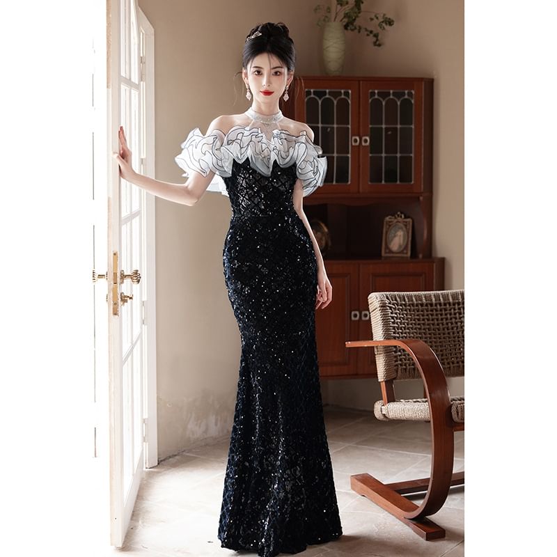 Off-Shoulder Ruffled Sequined Mermaid Evening Gown