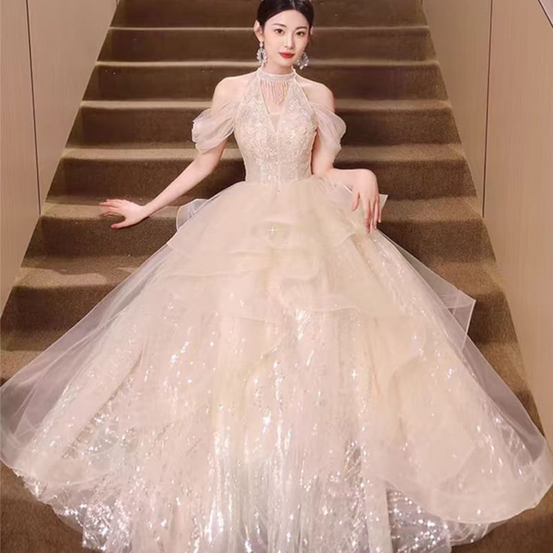 Cold-Shoulder Sequined Ruffled A-Line Evening Gown