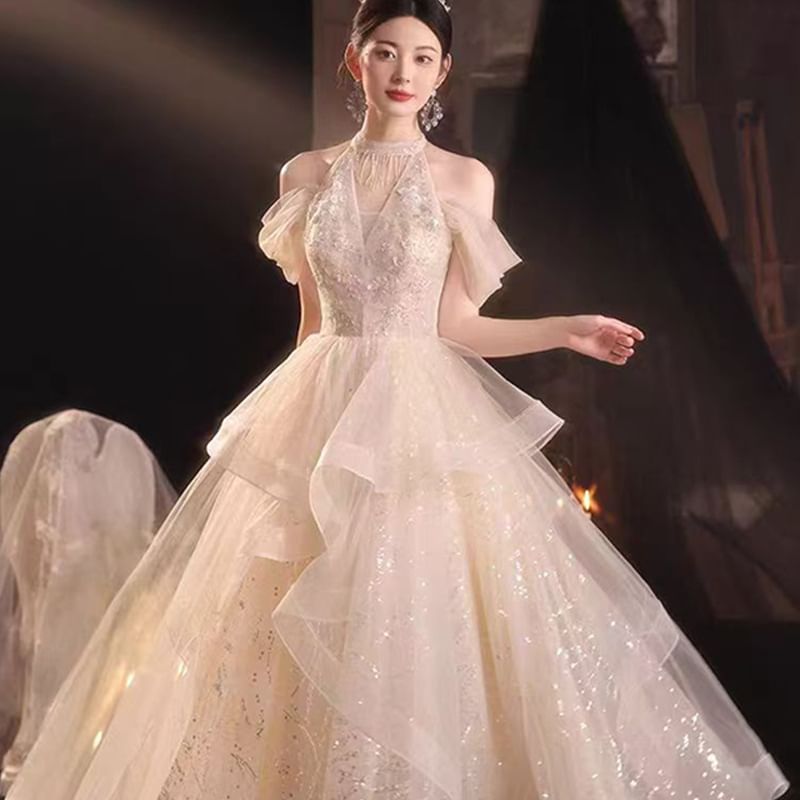 Cold-Shoulder Sequined Ruffled A-Line Evening Gown